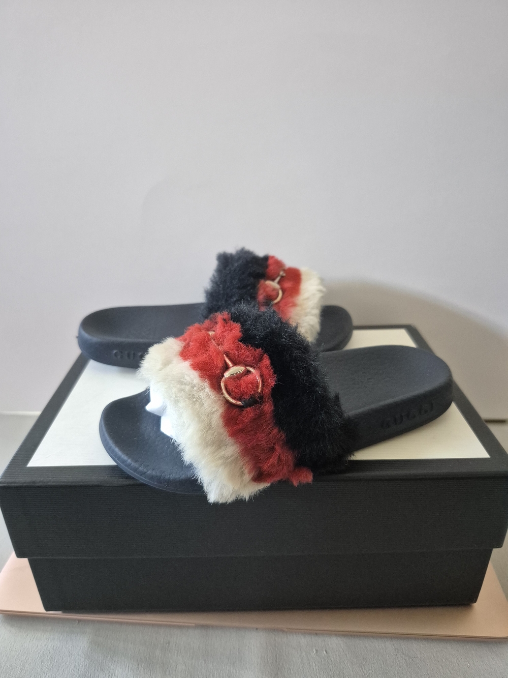 Gucci Horsebit 526176 Sandals Rubber Tessuto Teddy Faux Fur Kids Size 29